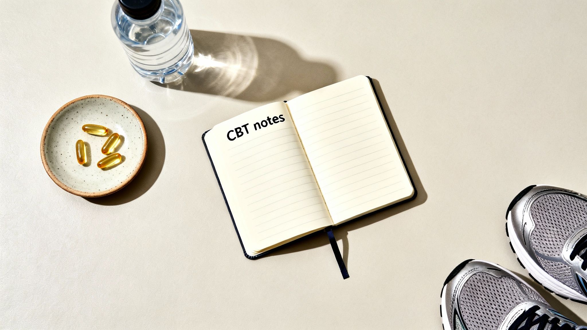 A flat lay of a water bottle, supplements in a bowl, an open CBT notes notebook, and running shoes.