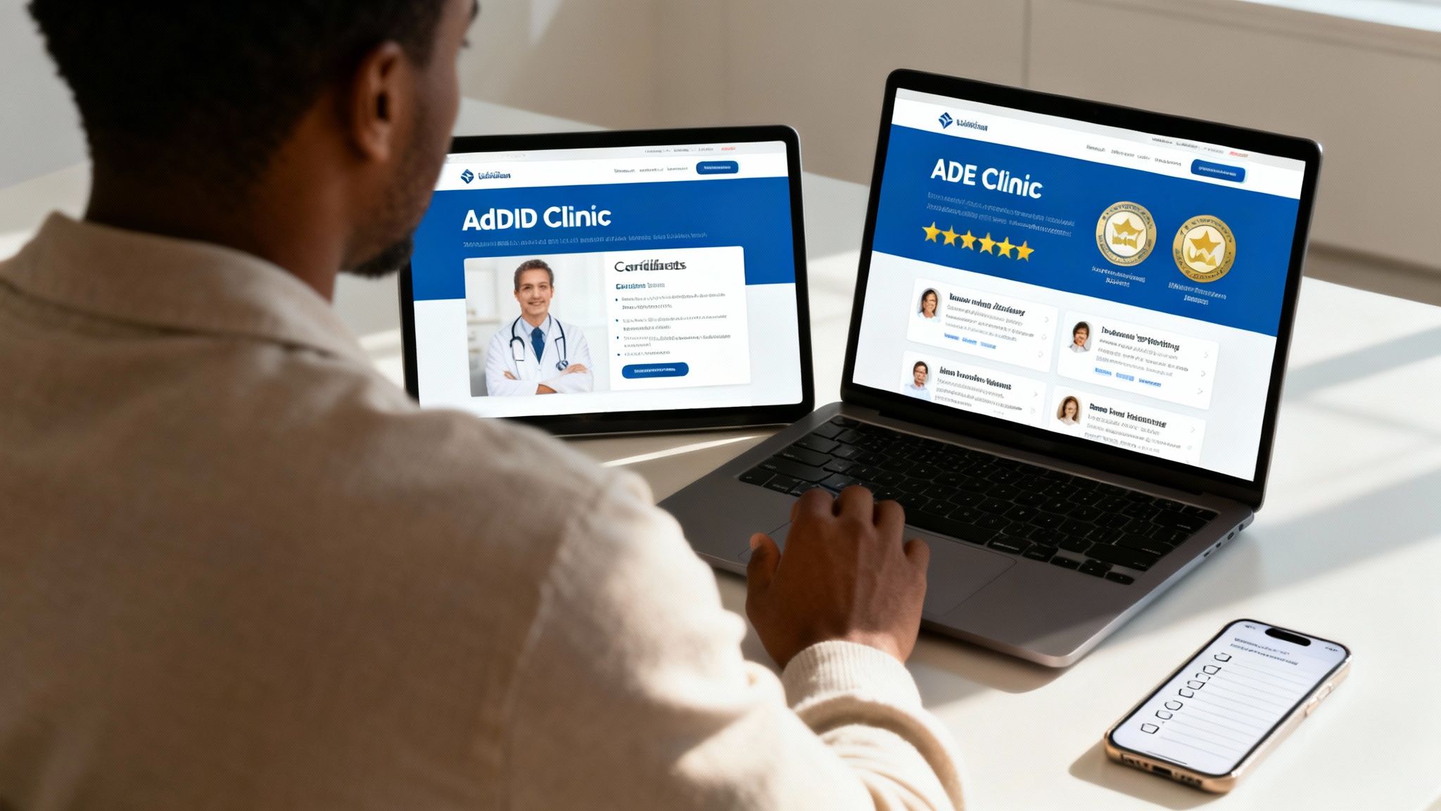 A person views 'AdDID Clinic' and 'ADE Clinic' websites on a tablet and laptop.