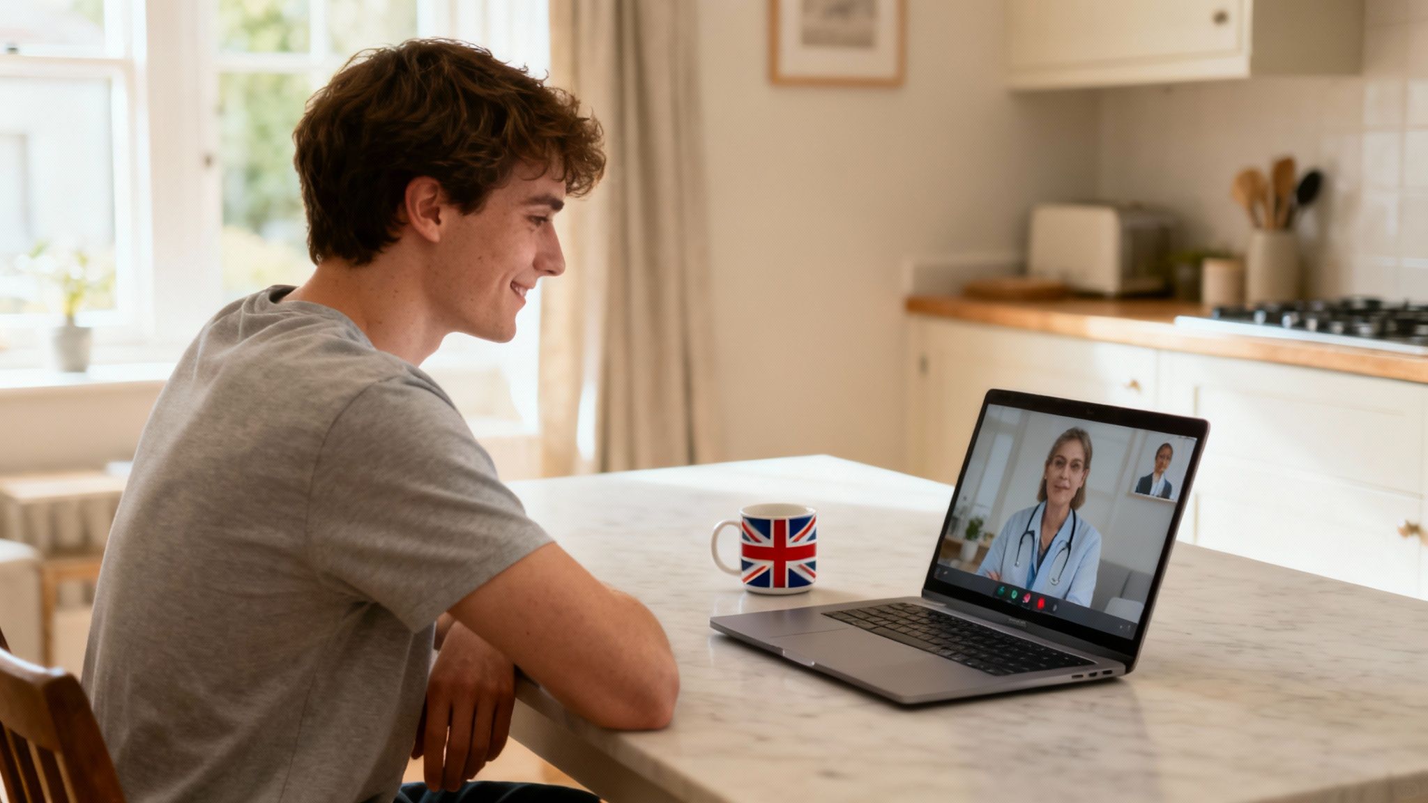 Smiling young man having an online medical consultation with a doctor via laptop at home.