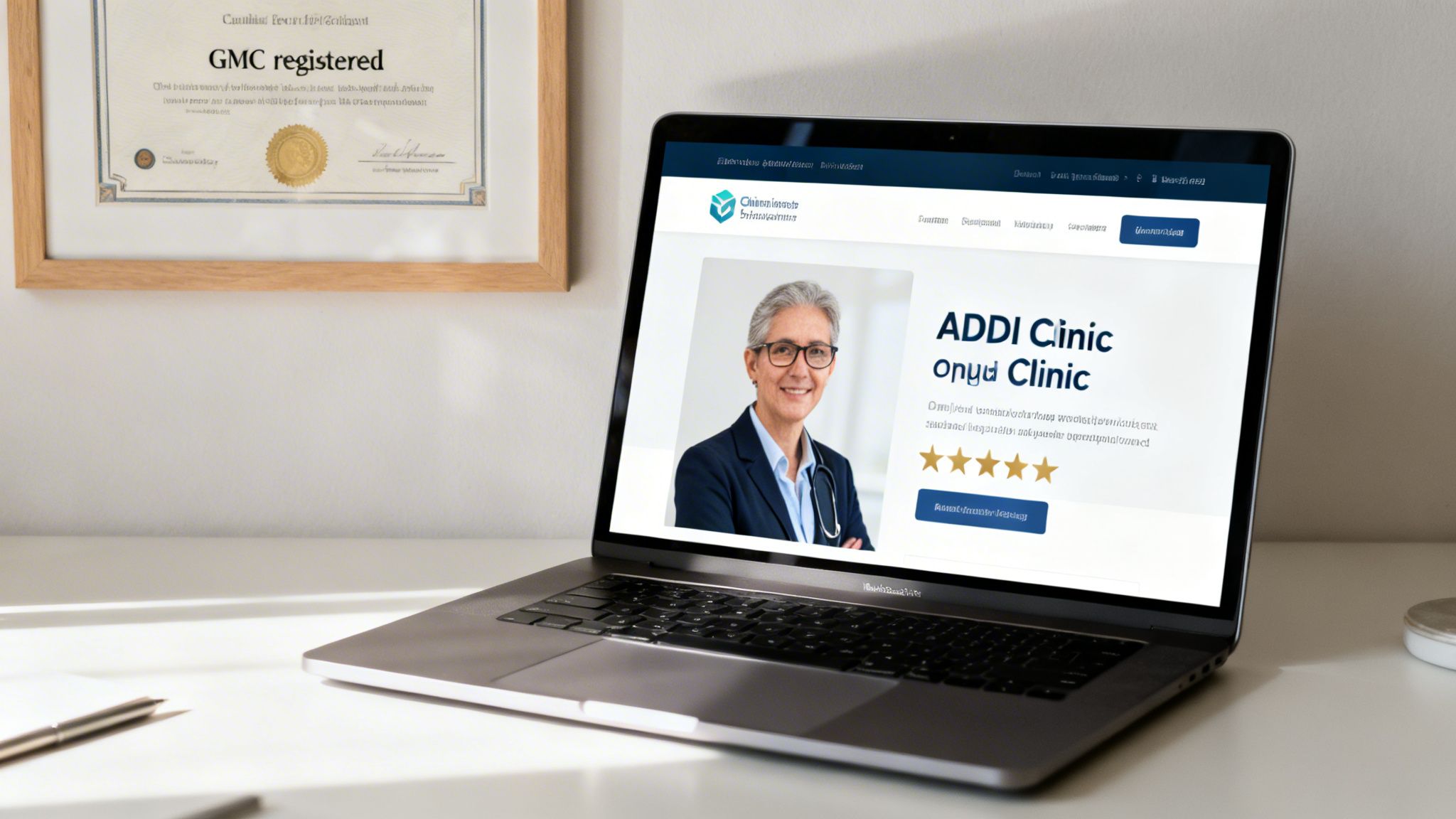 A laptop displays the 'ADDI Clinic' website with a doctor's image, next to a framed 'GMC registered' certificate on a desk.