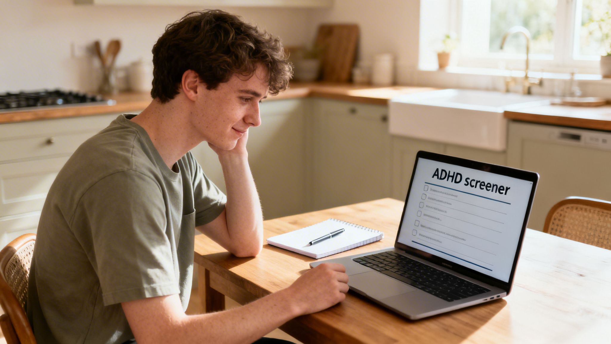 A young man smiles while taking an ADHD screener test on a laptop in a bright kitchen.