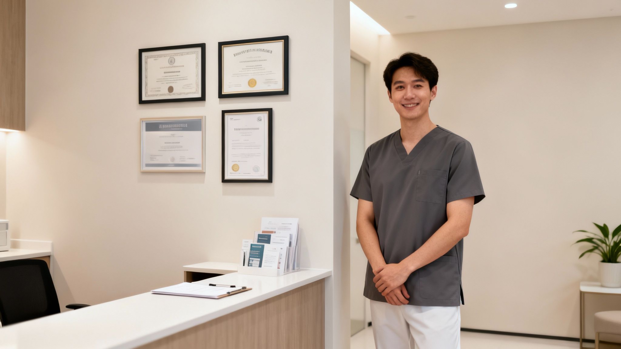 A smiling male doctor in scrubs stands in a modern clinic reception with certificates on the wall.