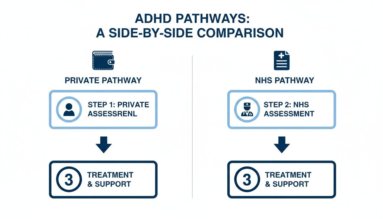 A side-by-side comparison of private and NHS pathways for ADHD assessment and treatment.