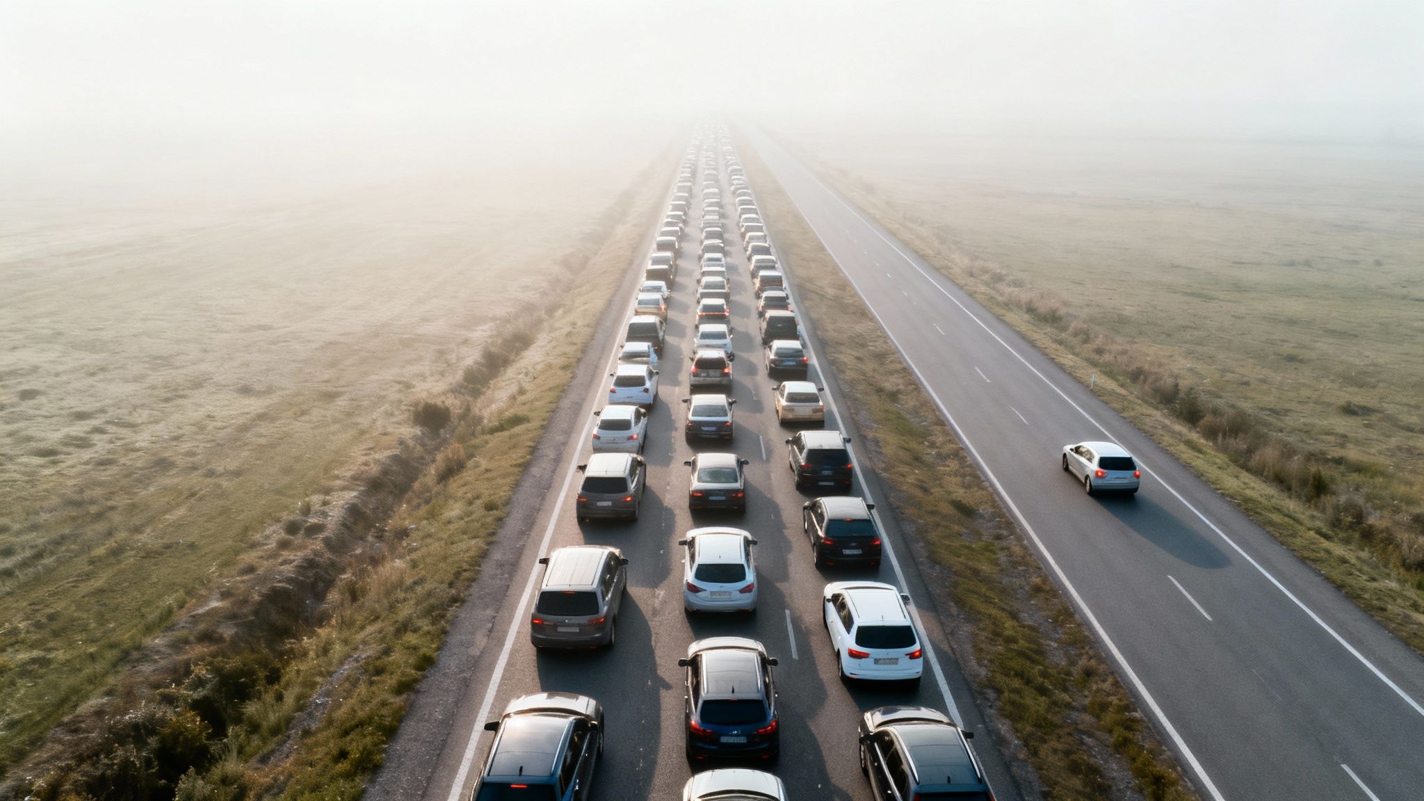 Long lines of cars in a major traffic jam on a misty highway next to empty fields.