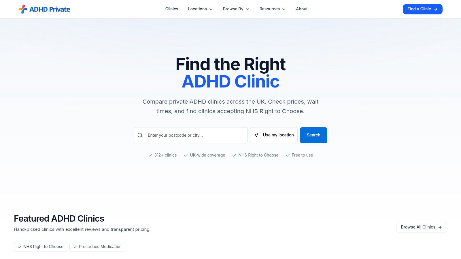 A screenshot of the ADHD Private website showing search filters for finding an ADHD clinic, including location filters for cities like Birmingham.
