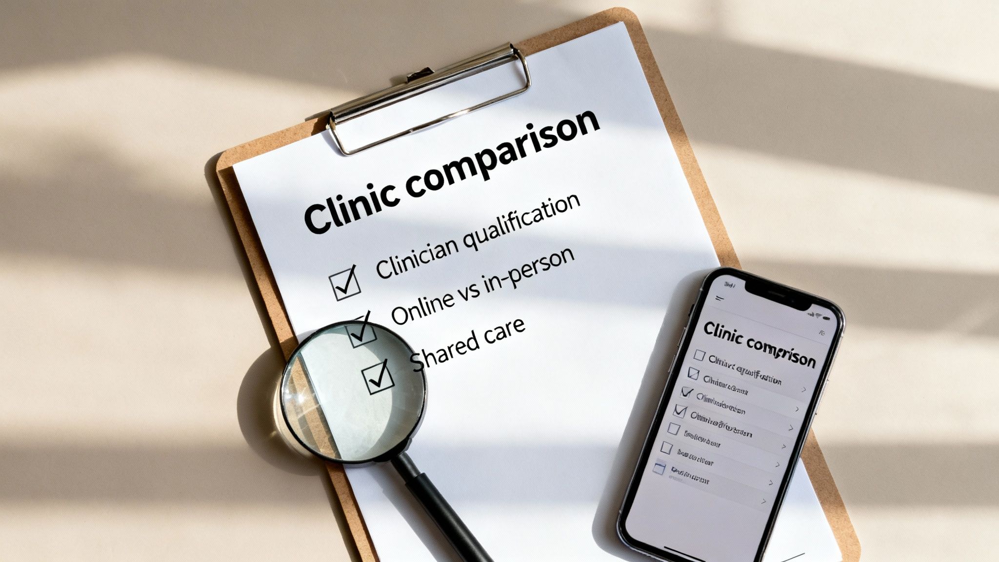 A clipboard and smartphone display a clinic comparison checklist, including clinician qualification.