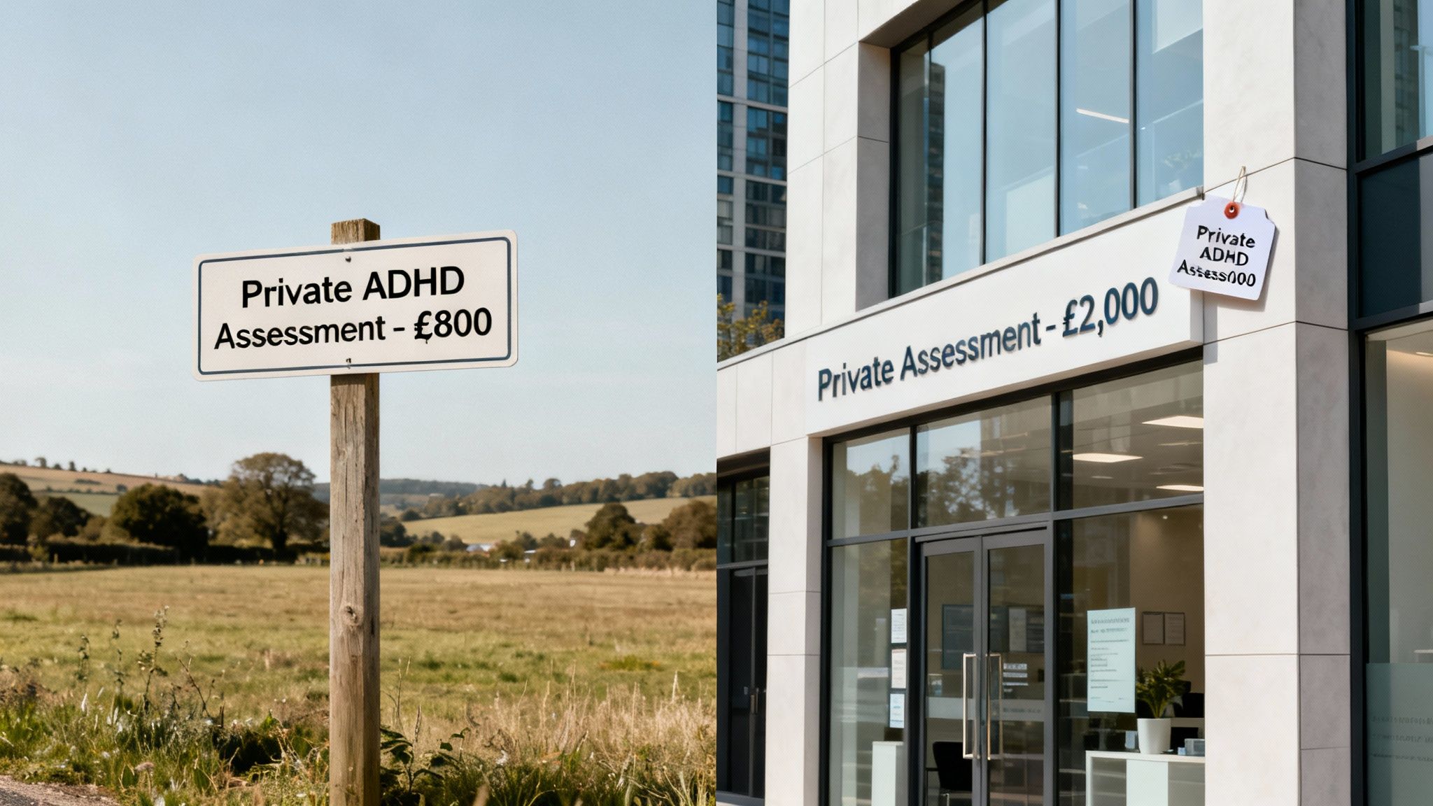 A rural sign and an urban building display contrasting prices for private ADHD assessments.