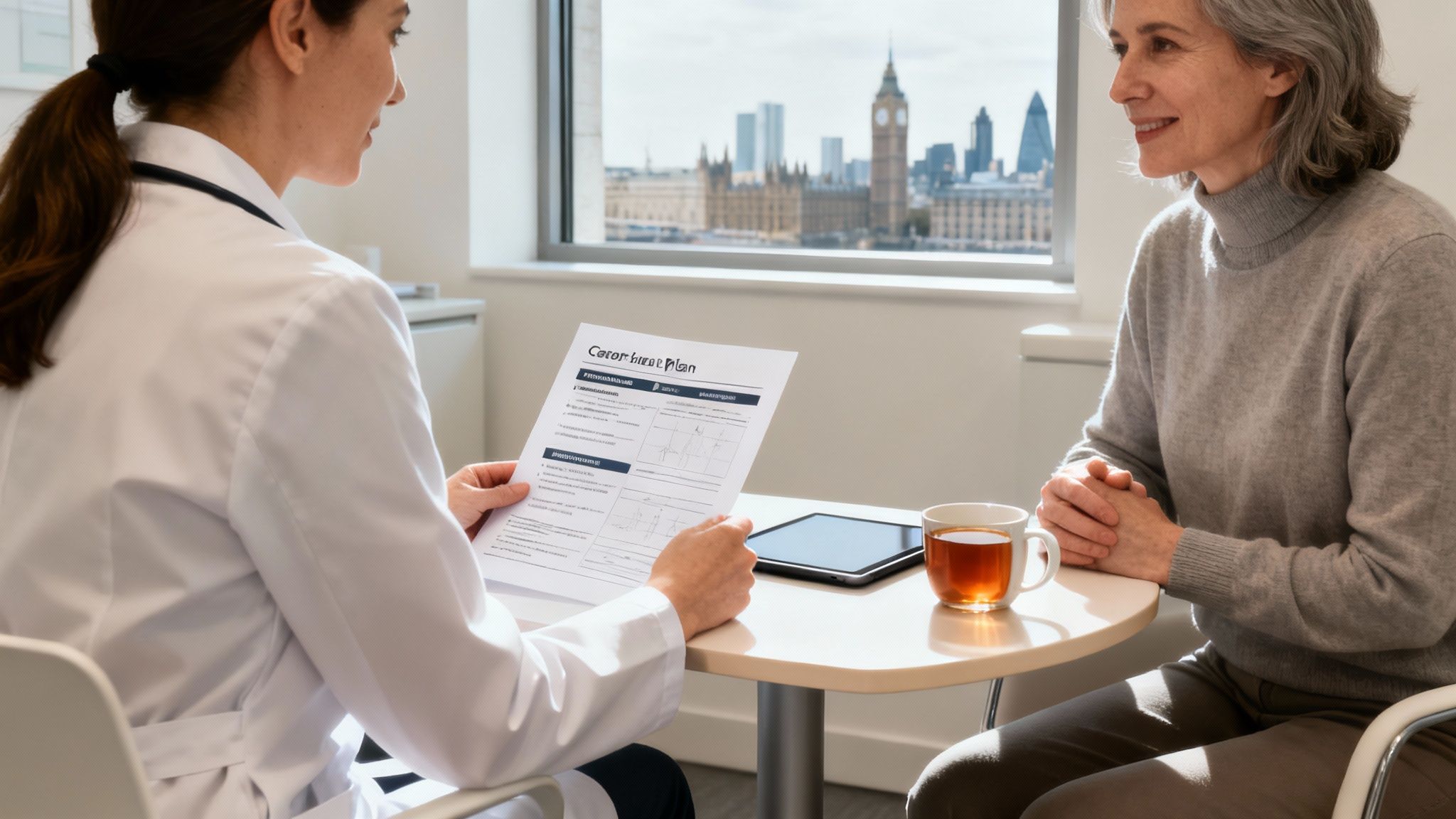 A doctor reviews a 'Cancer Treatment Plan' with a smiling patient, overlooking London.