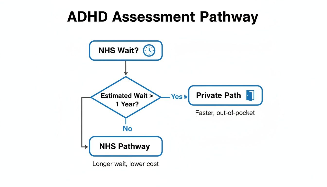 Flowchart illustrating the ADHD assessment pathway, comparing NHS and private options based on wait times.