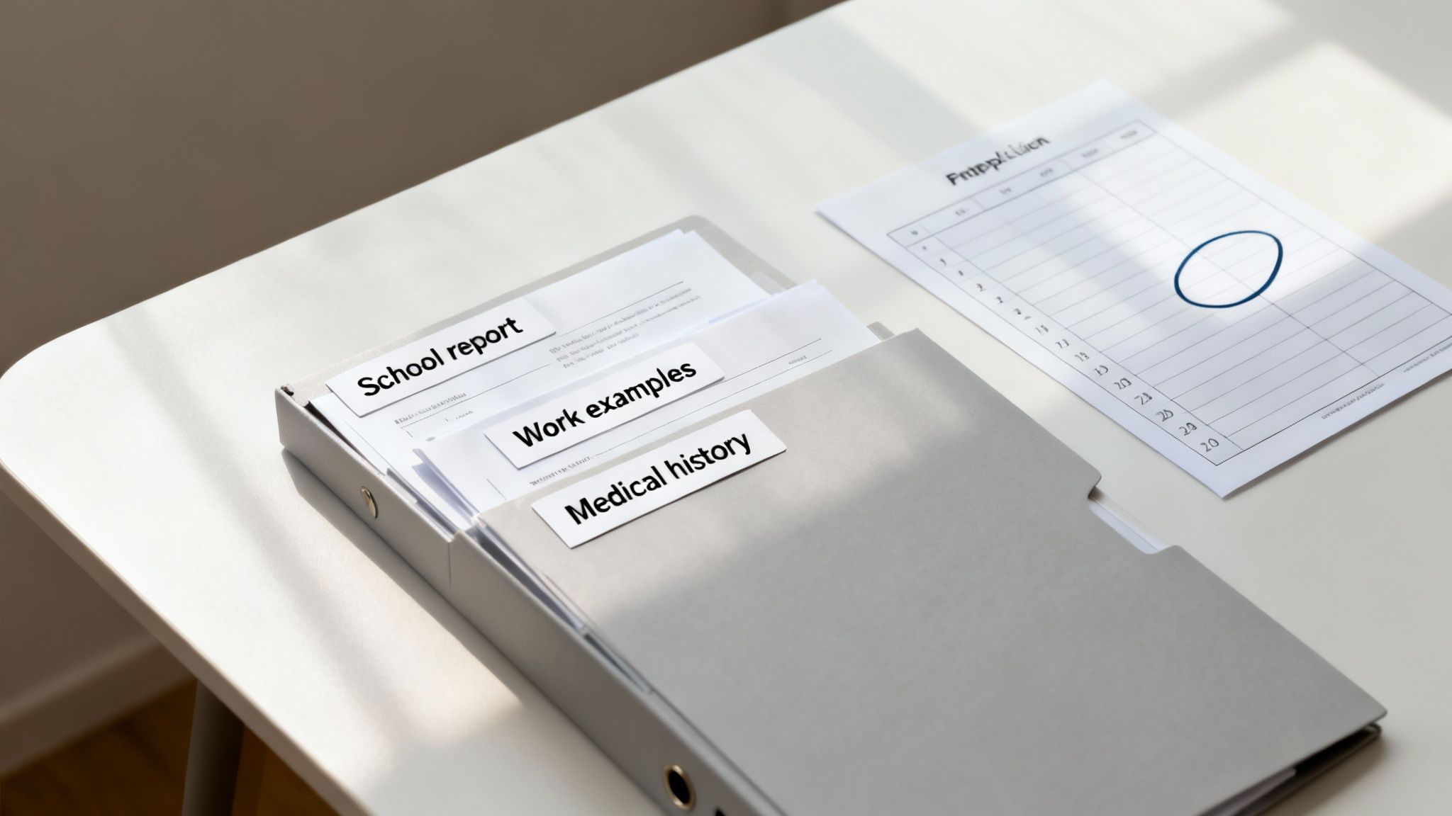 A grey file box on a desk with dividers labeled 'School report', 'Work examples', and 'Medical history'.