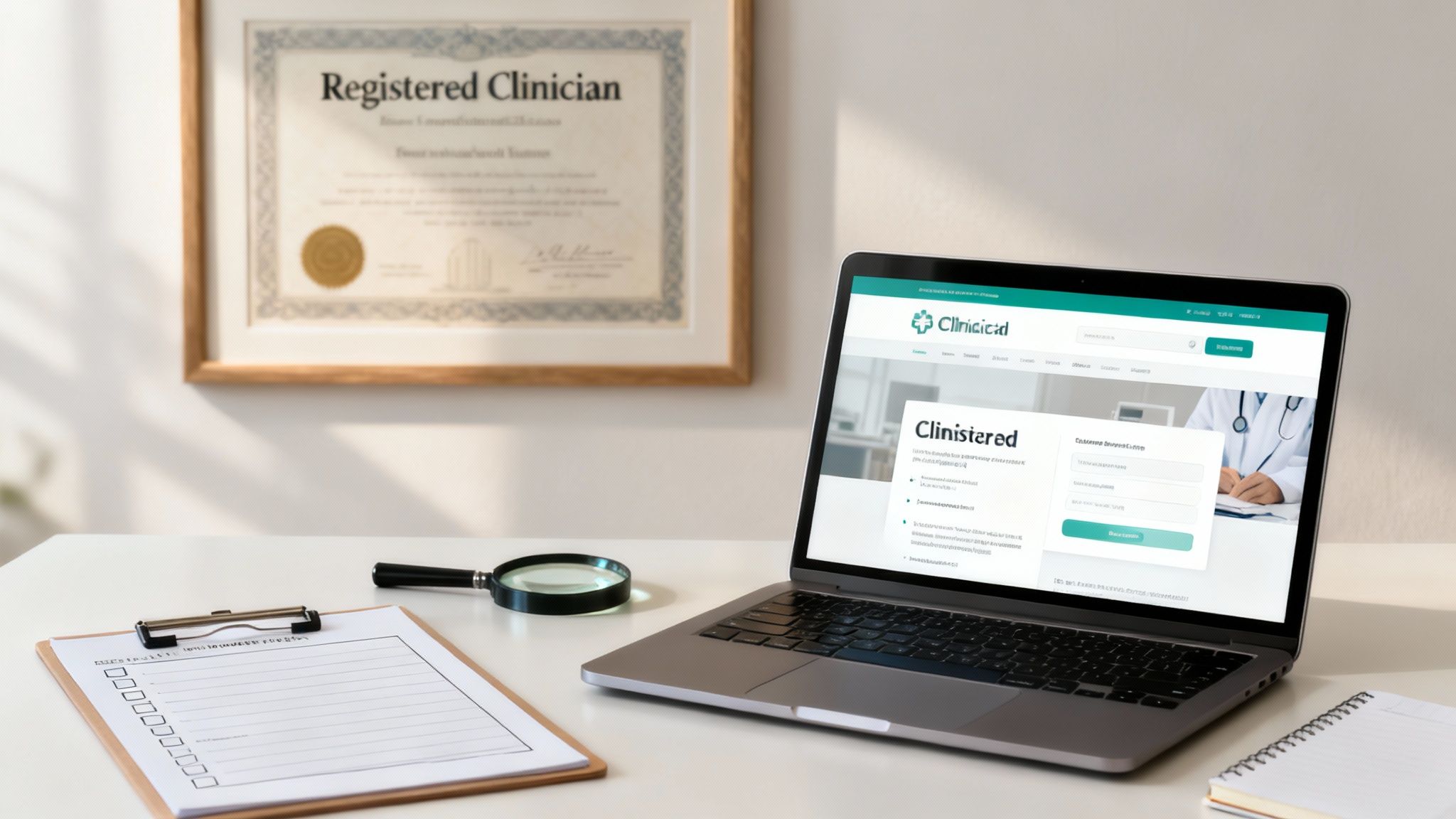 A laptop displaying a medical website, 'Clincicad', on a desk with a 'Registered Clinician' certificate and medical tools.