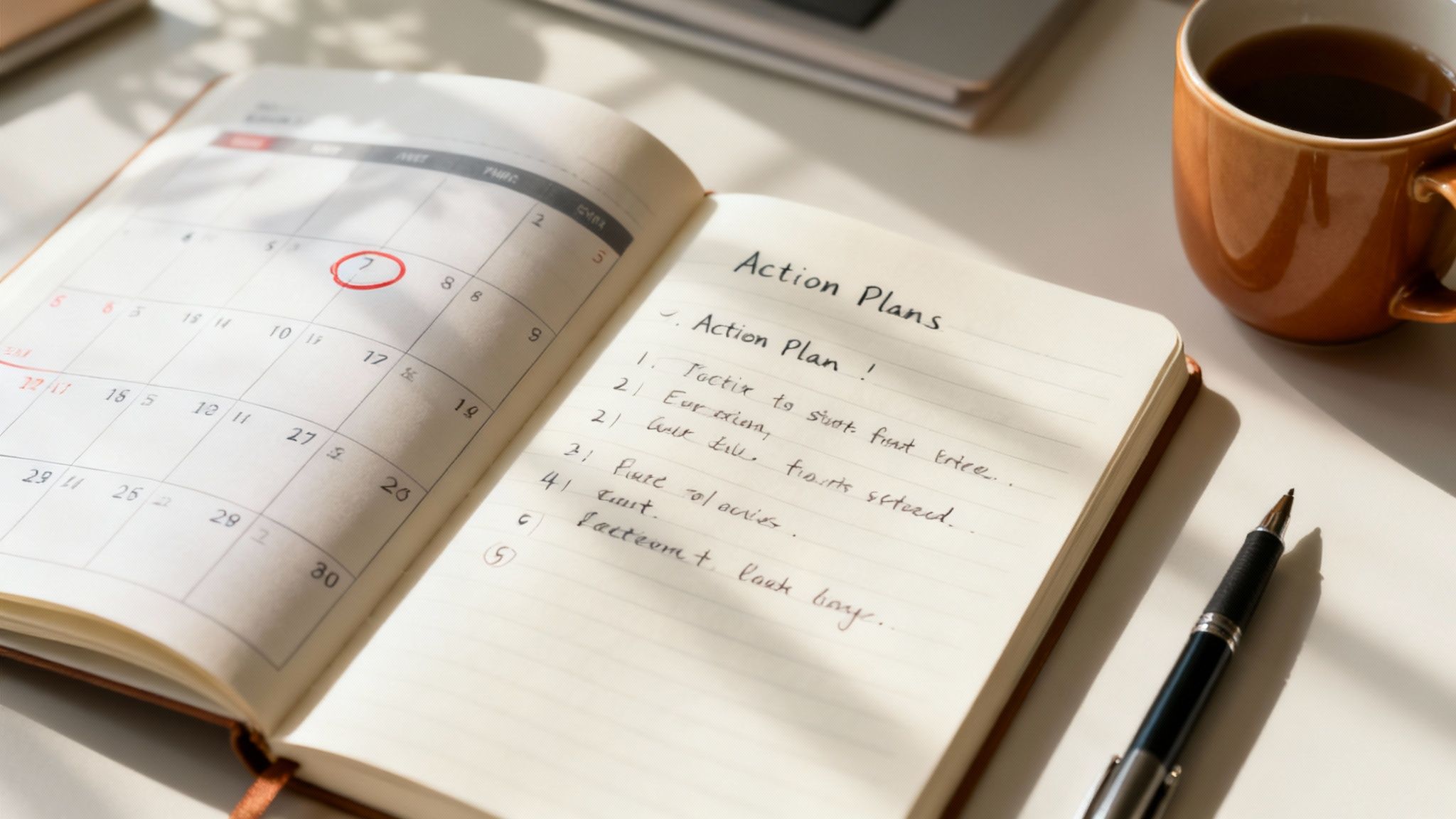 An open planner displaying 'Action Plans' and a calendar with a circled date, alongside a pen and coffee mug.