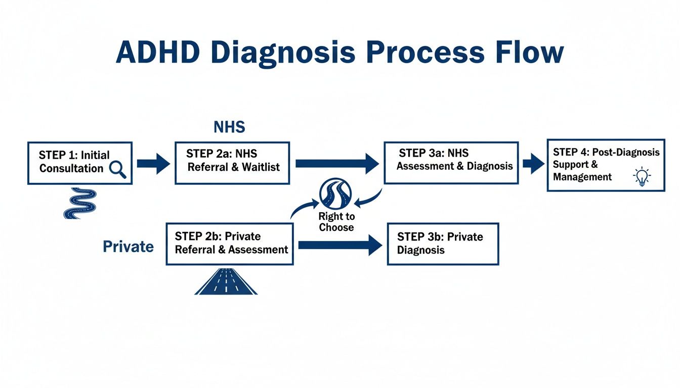 Flowchart illustrating the ADHD diagnosis process, detailing both NHS and private pathways.