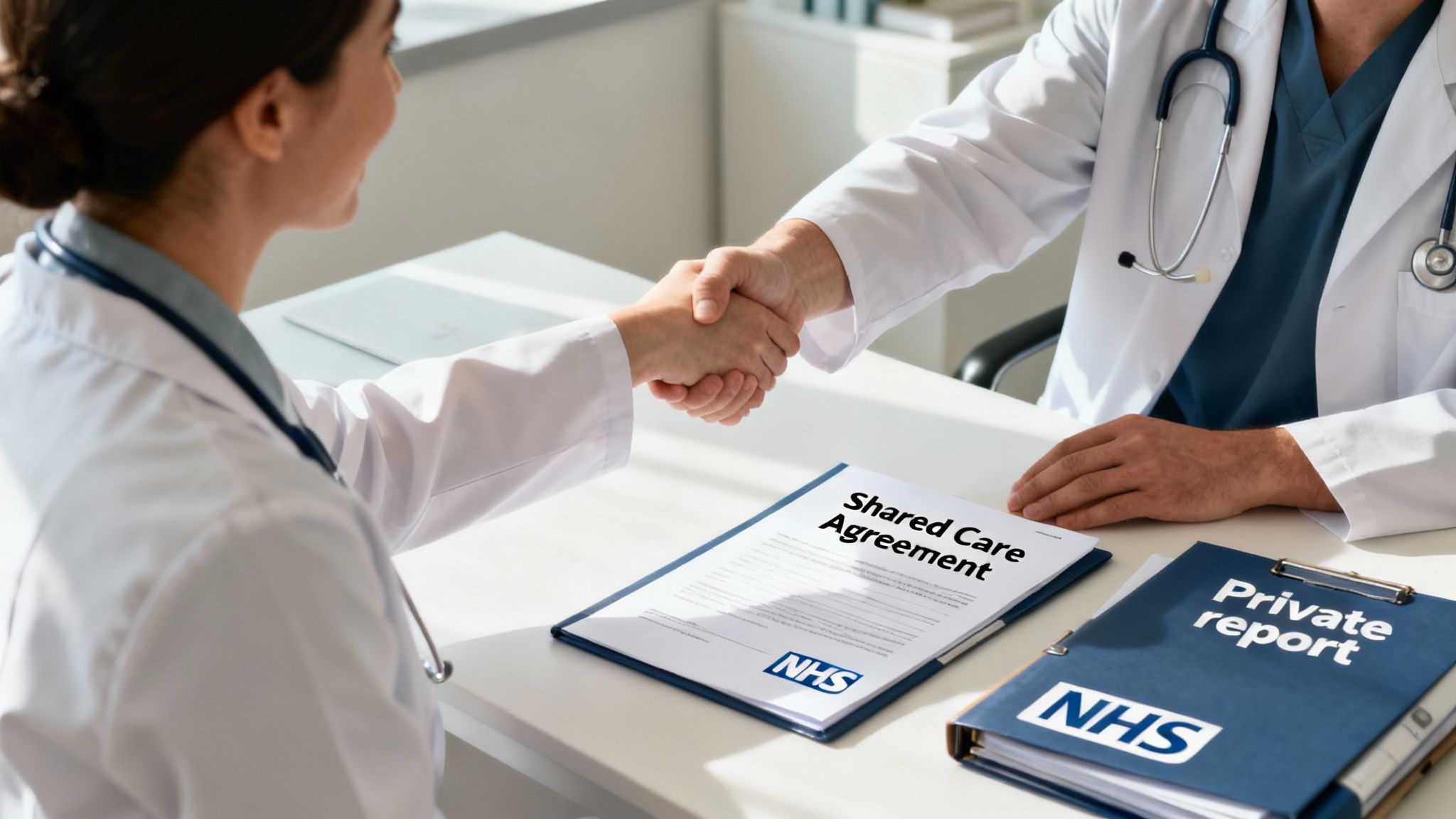Doctors shaking hands over a desk with 'Shared Care Agreement' and 'Private report' NHS documents.