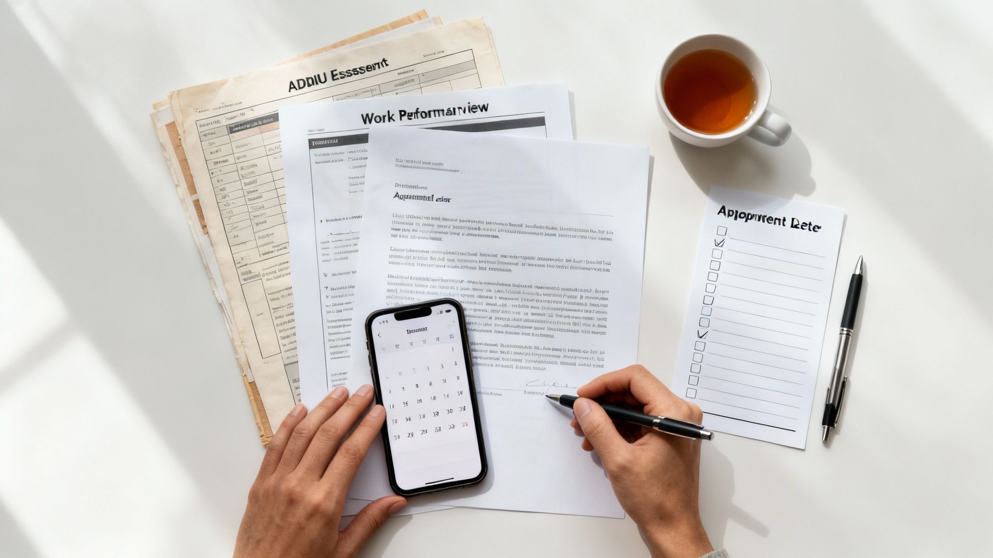 Overhead view of a person writing notes at a desk with documents, a phone showing a calendar, and a cup of tea.