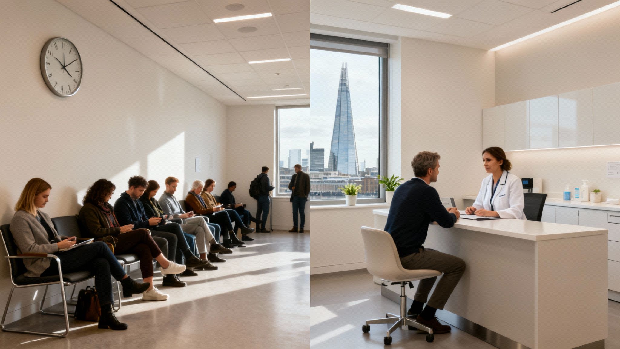 A modern clinic shows patients waiting, while a doctor consults with a male patient at a desk.