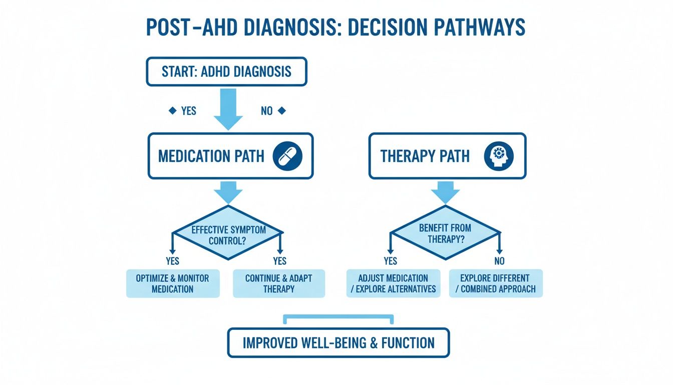 Flowchart illustrating post-ADHD diagnosis decision pathways, including medication and therapy for improved well-being.