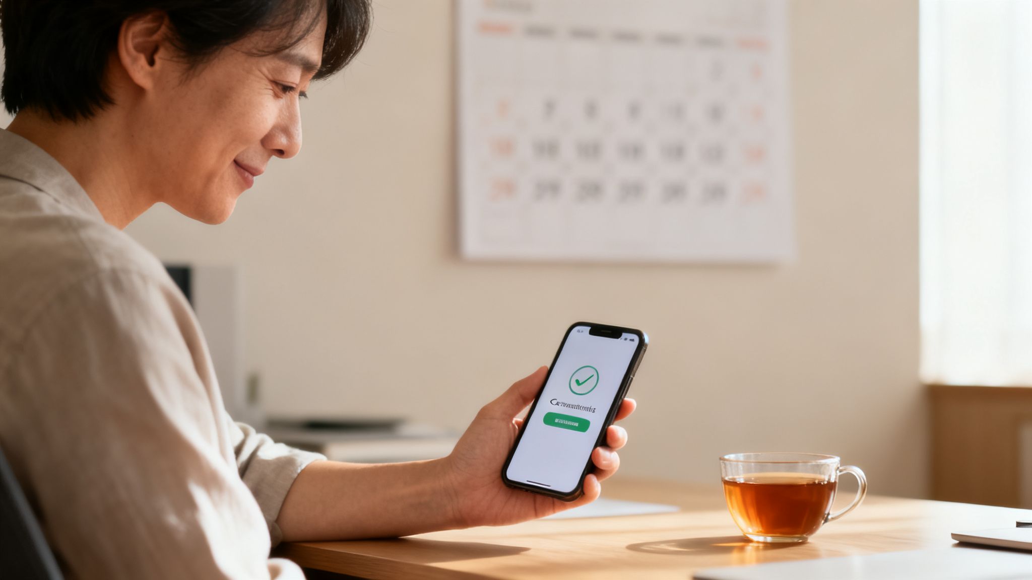 Smiling man holds smartphone displaying a confirmed appointment with a green checkmark.