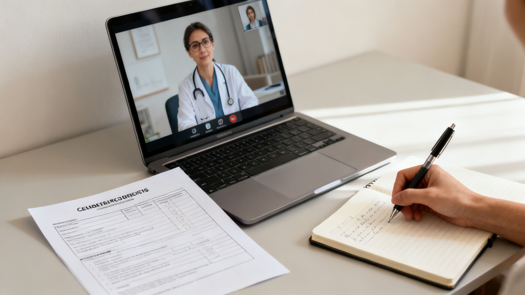 A person consults with a doctor via laptop video call, taking notes on a notepad.