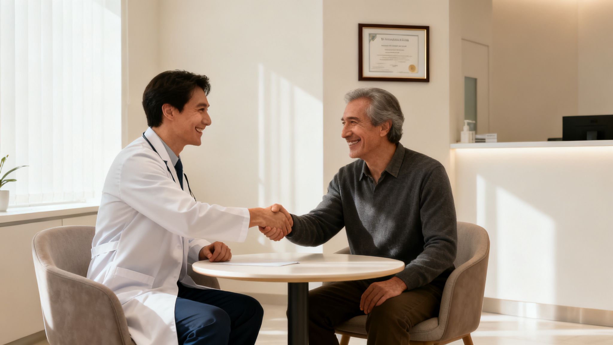 A smiling doctor in a white coat shakes hands with an older patient in a modern clinic.