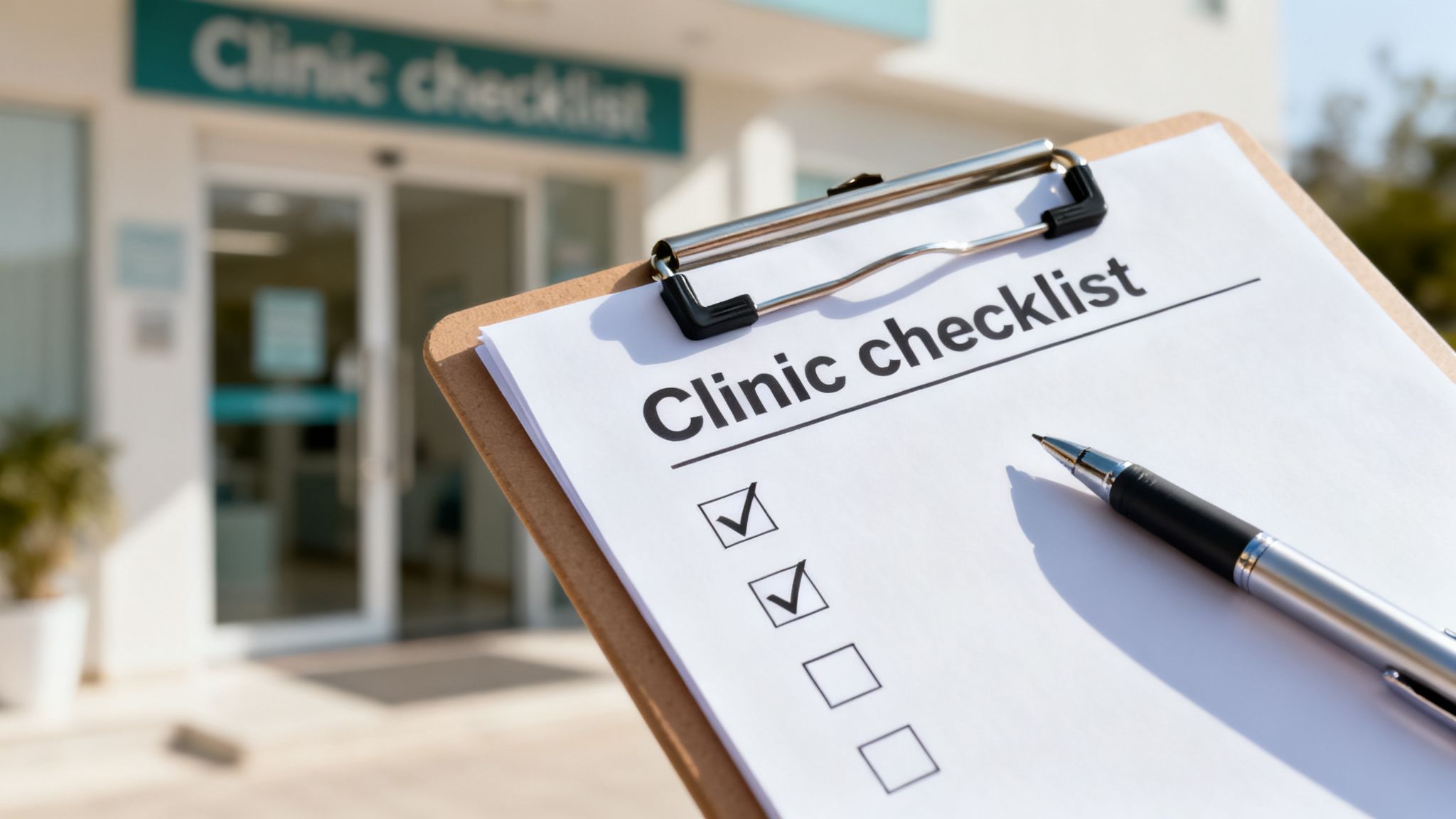 A clinic checklist on a clipboard with a pen, showing two checked items, in front of a clinic.