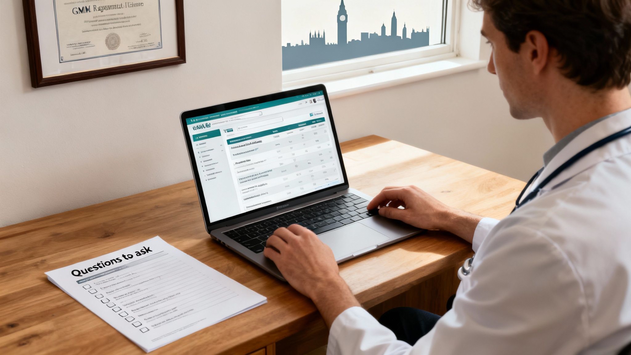 A male doctor in a white coat typing on a laptop at a desk with a 'Questions to ask' document.