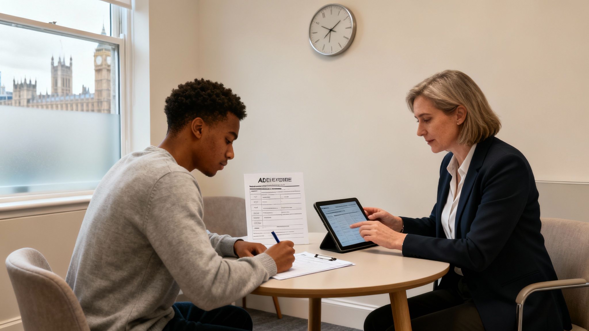 A private therapy session with a psychiatrist and patient in an office overlooking London landmarks.