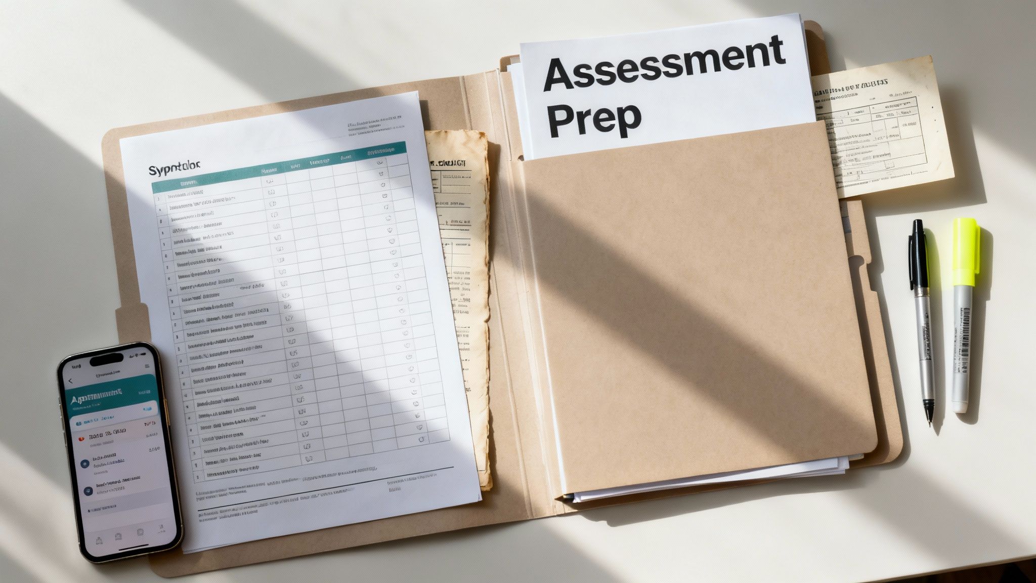 Desk with 'Assessment Prep' folder, checklist, old document, smartphone, and markers for studying.