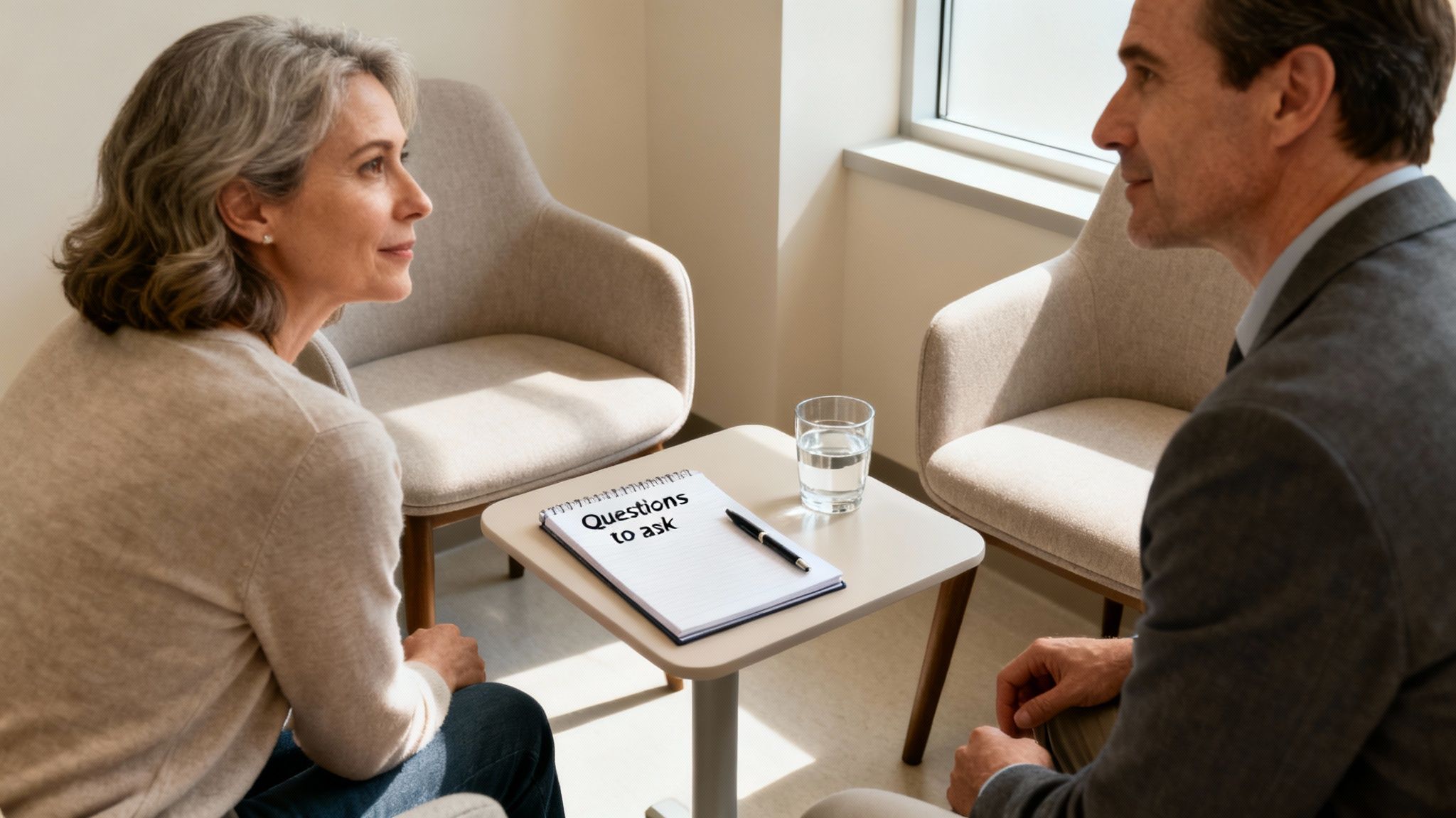 An older woman and man in conversation, with a 'Questions to ask' notebook on a table.