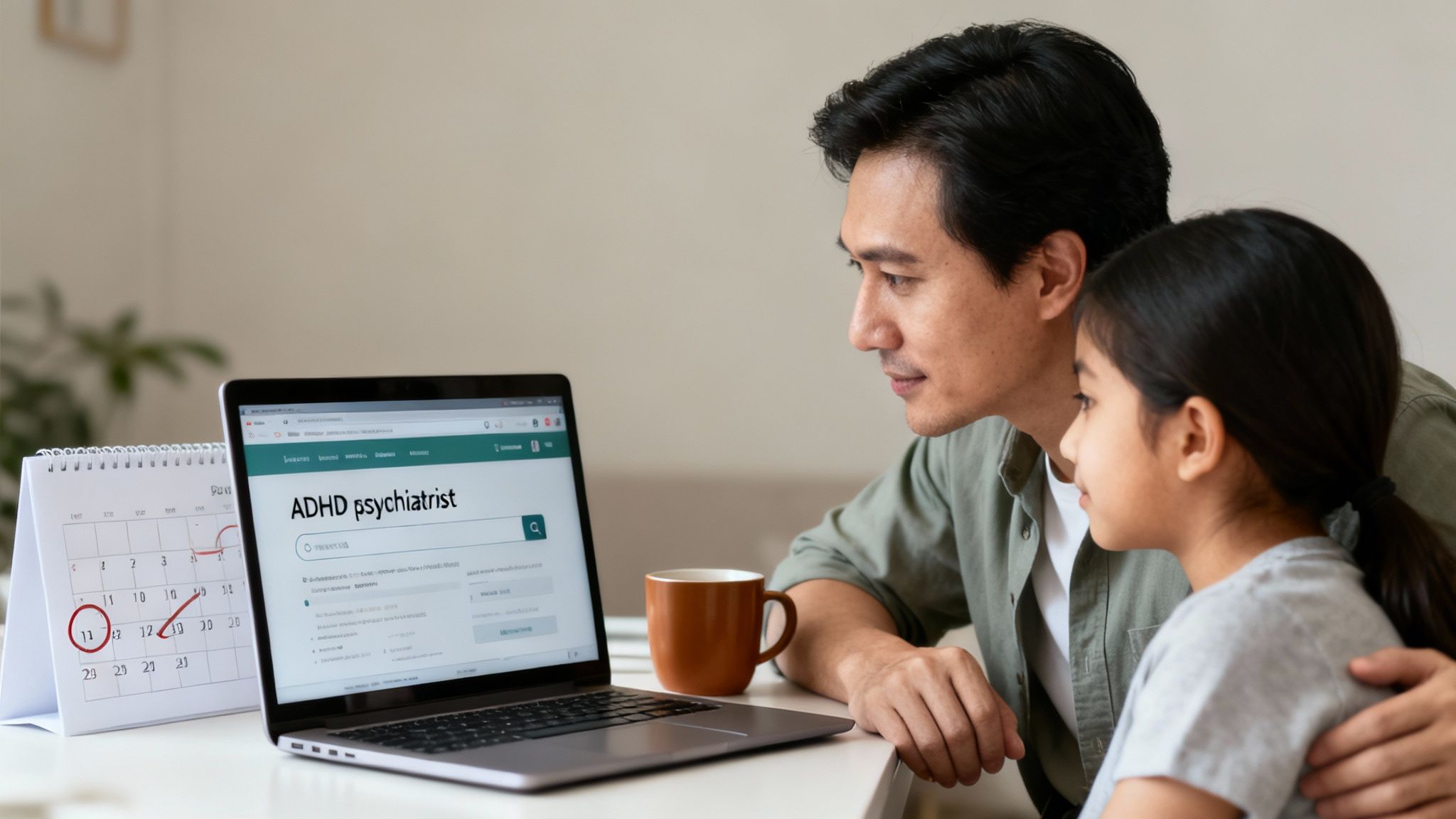 Father and daughter search for an ADHD psychiatrist online, with a calendar marked on the desk.
