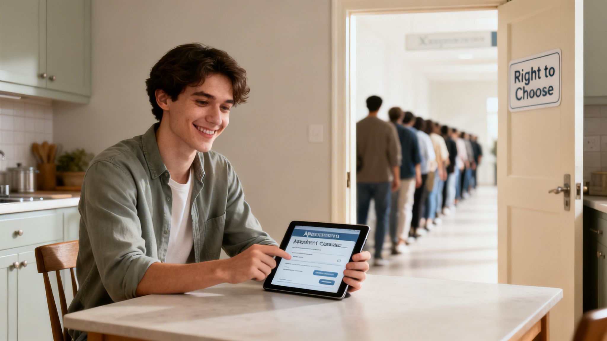 A smiling man makes an online choice on a tablet, bypassing a long queue of people.