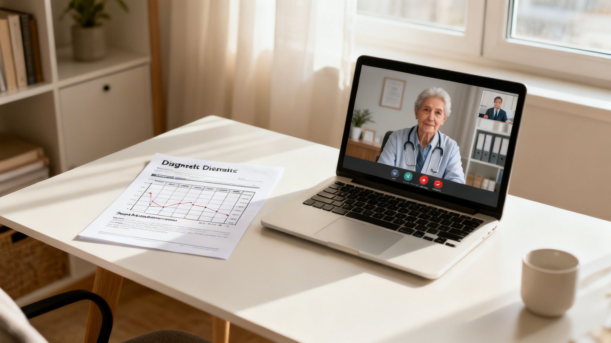 A laptop on a desk showing a video call between two doctors, with a graph document nearby.
