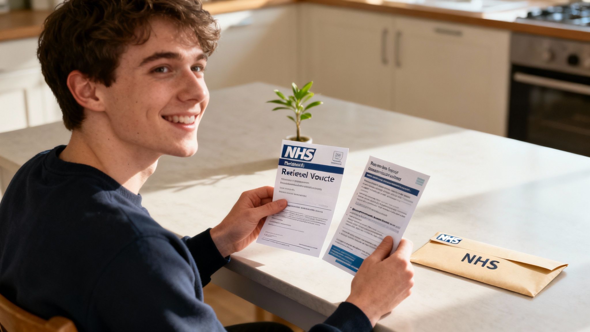 Smiling young man reads NHS documents at a kitchen table, holding papers and an envelope.