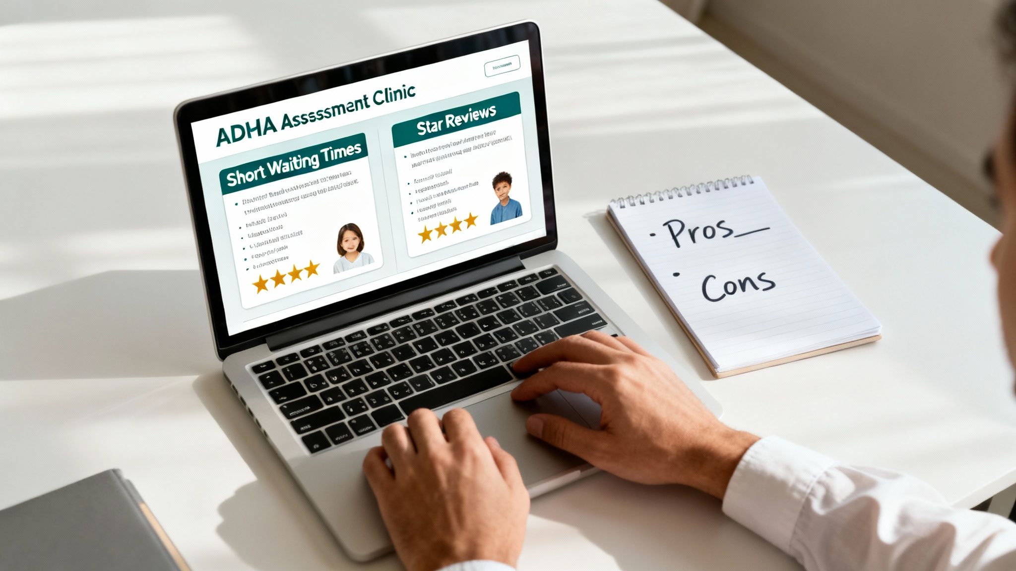 A person reviews an ADHD assessment clinic website on a laptop, weighing pros and cons.