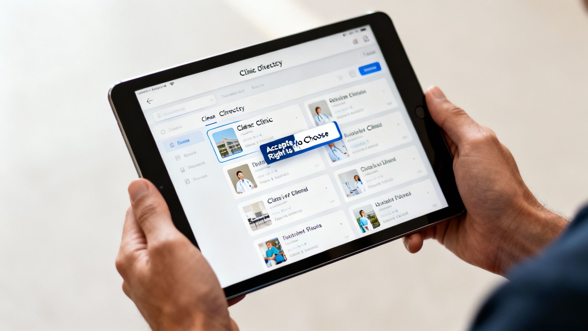 Hands holding a tablet displaying a clinic directory app, highlighting 'Accepts Right to Choose' option.