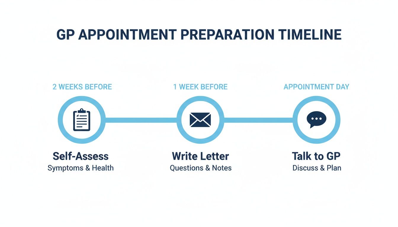 A GP appointment preparation timeline showing self-assessment, writing questions, and discussing with the GP.