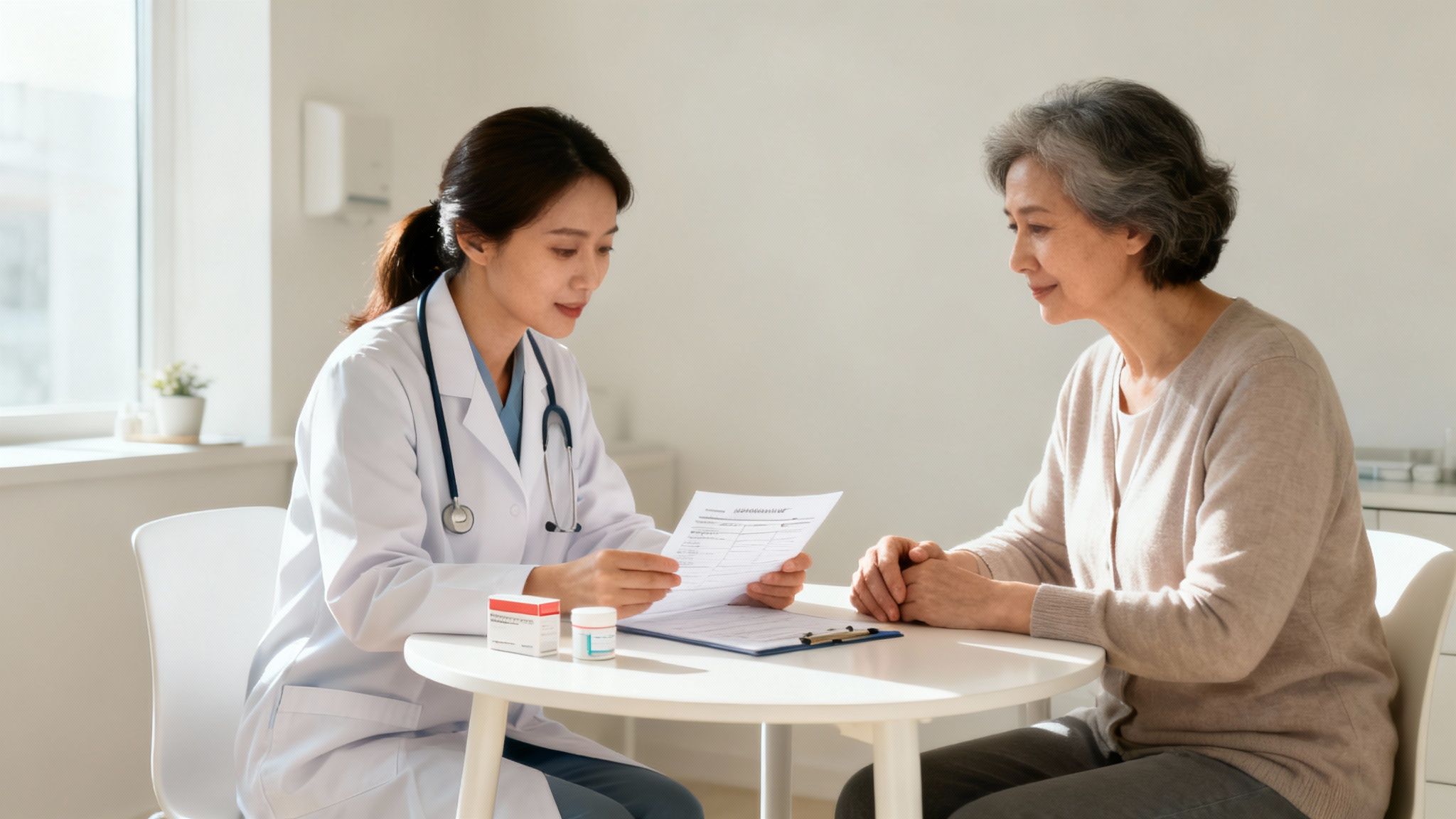 Female doctor explaining medical documents to an elderly patient during a sunlit consultation.