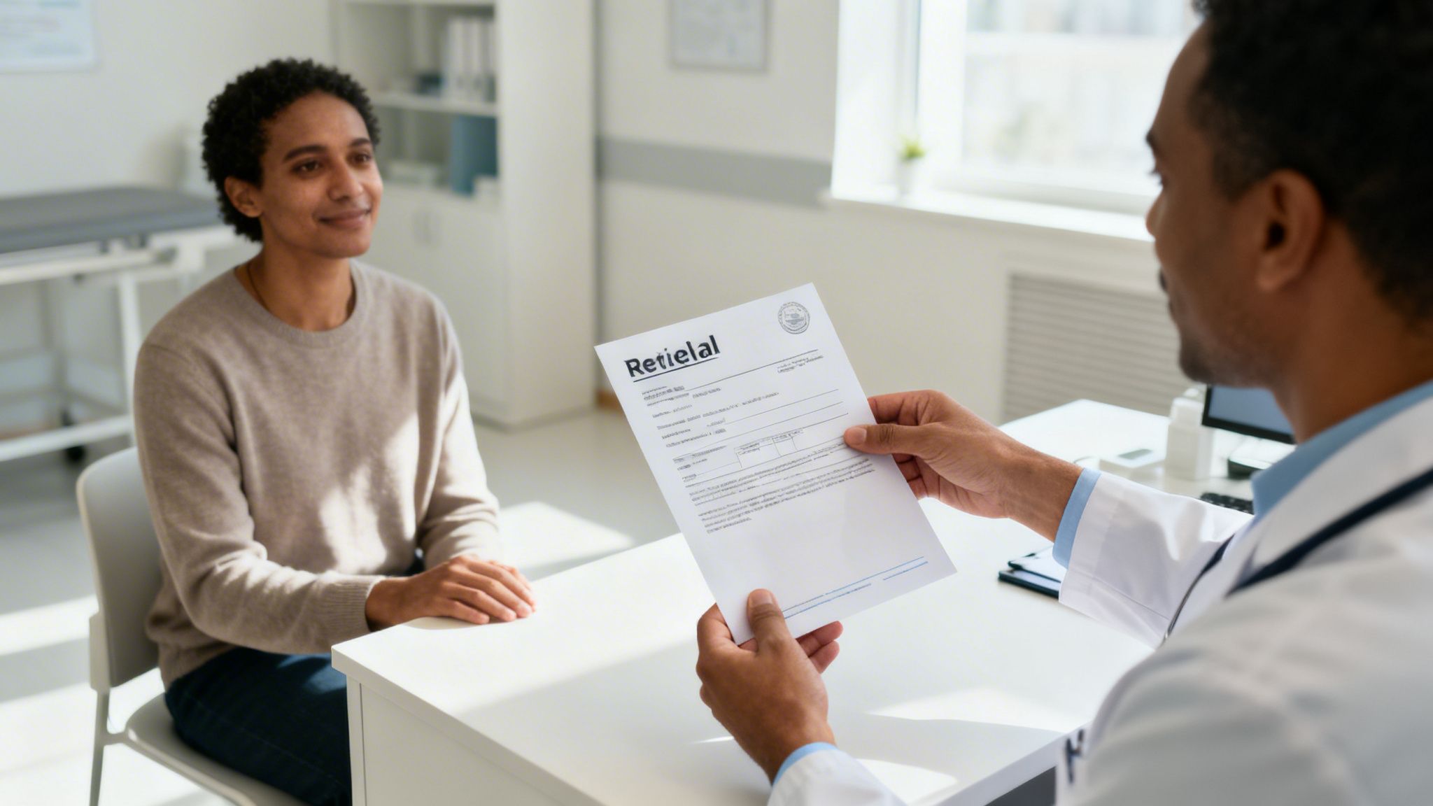 A doctor holding a document talks to a smiling female patient in a bright medical office.