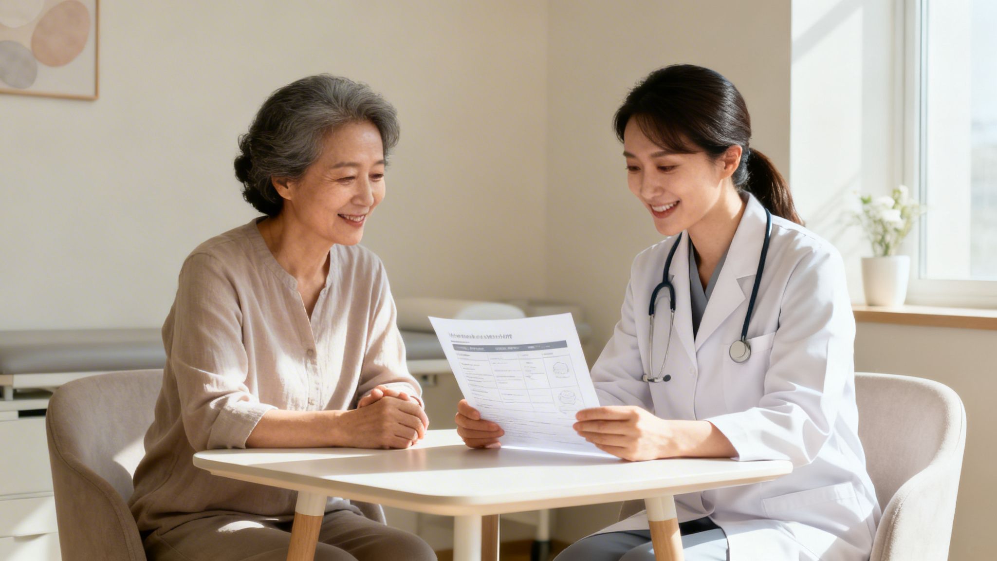 A smiling doctor discusses medical documents with an elderly female patient in a bright clinic.