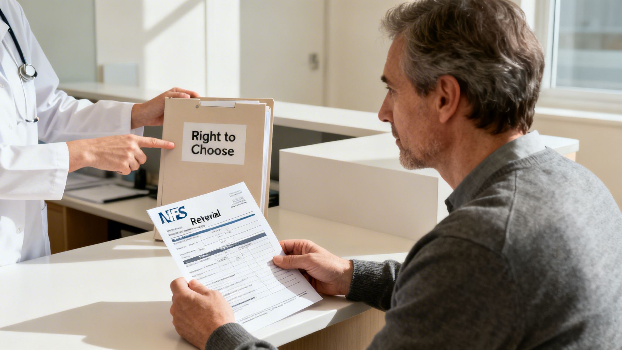 Doctor points to 'Right to Choose' folder as patient reviews an NHS referral form.