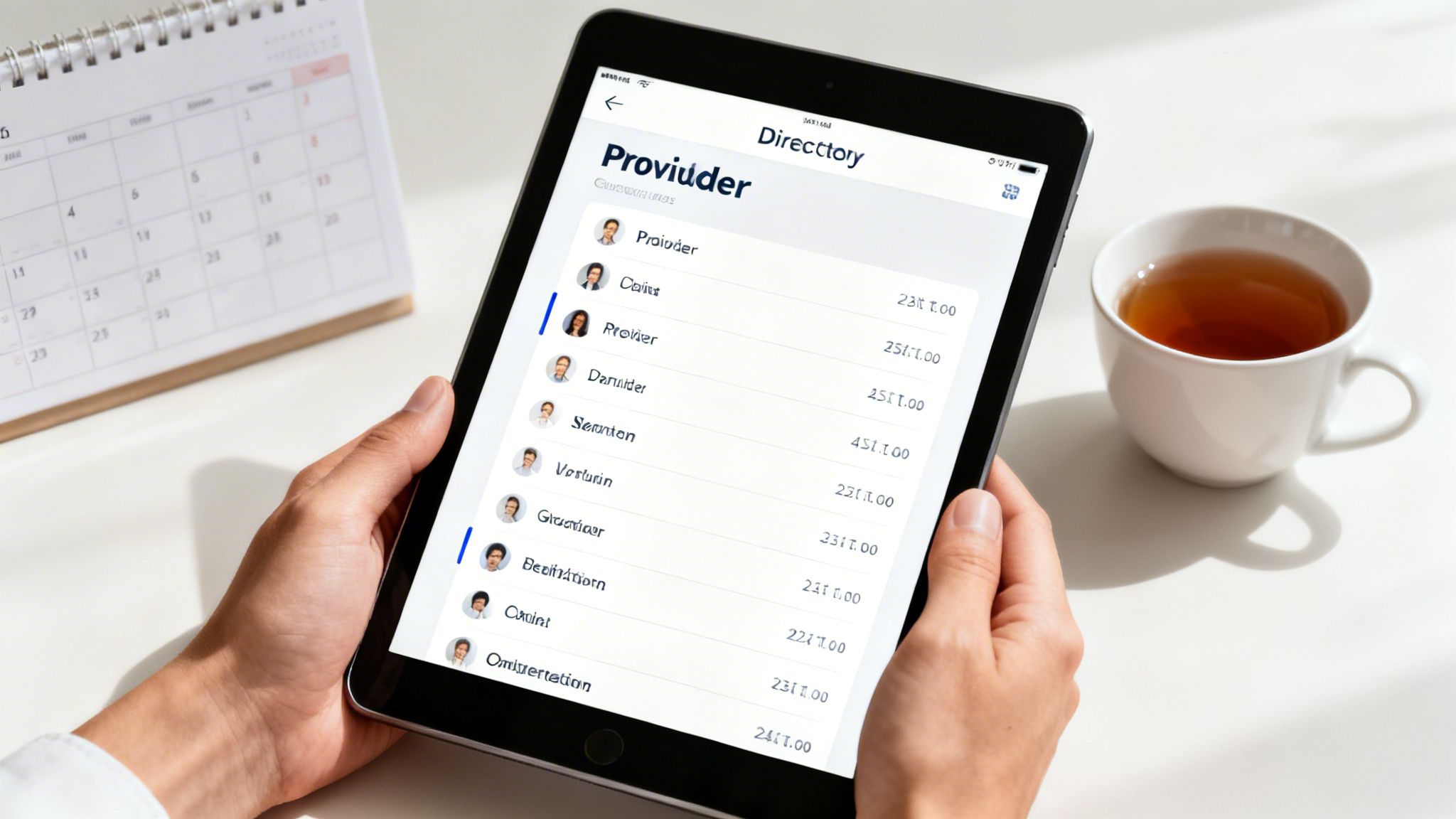A person holds a tablet displaying a directory app, next to a calendar and a cup of tea.