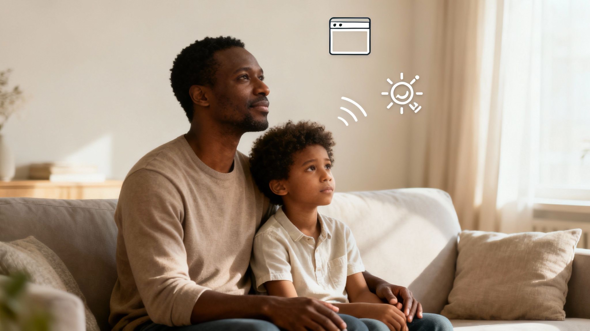 A Black father and son sit on a couch, looking at digital icons, suggesting smart home interaction.