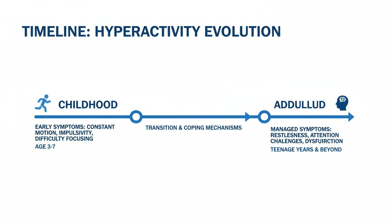 Infographic timeline showing hyperactivity evolution from childhood symptoms to adult managed challenges.