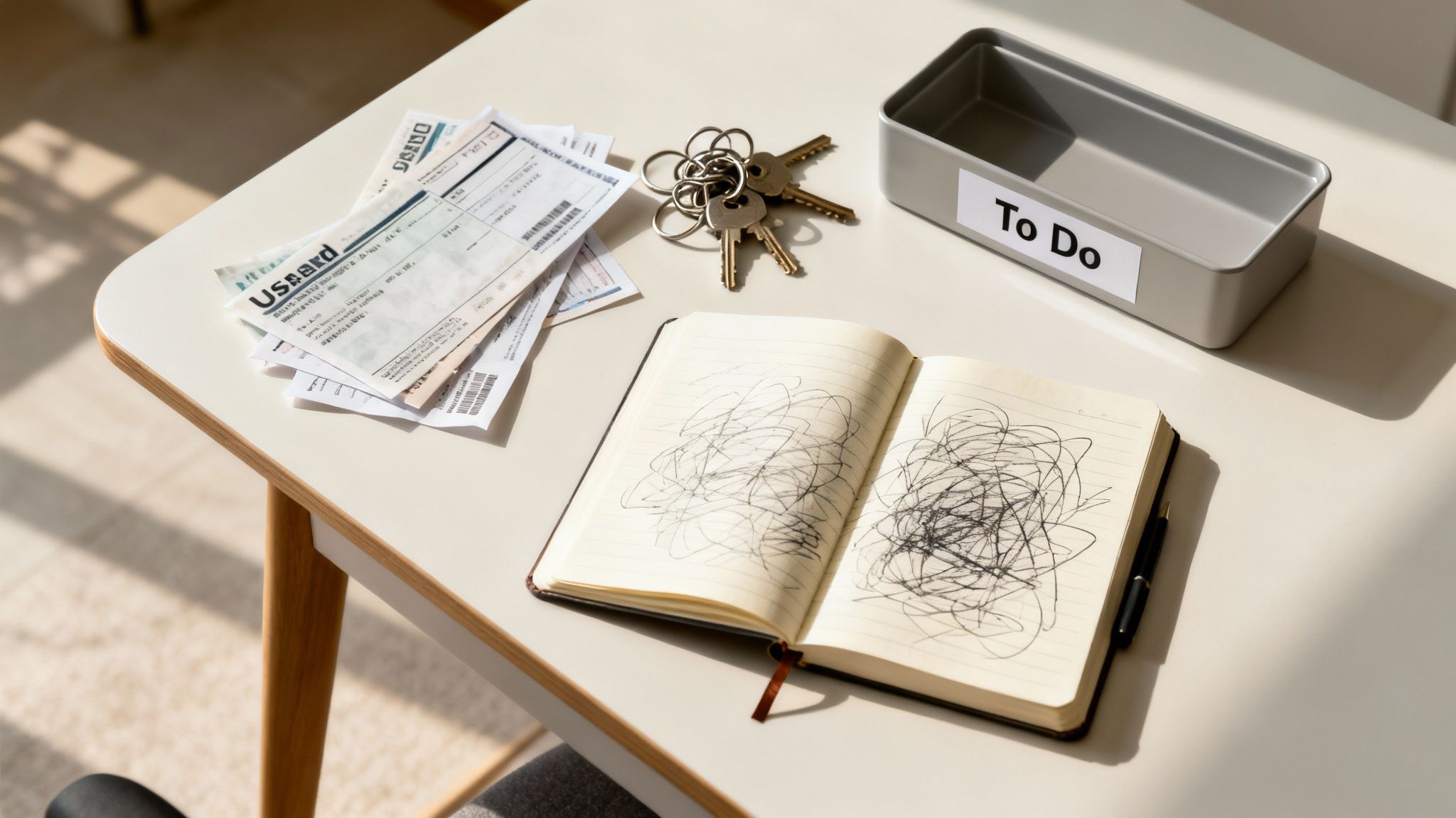 An overhead view of a cluttered desk with papers, keys, a 'To Do' bin, and a notebook with scribbles.