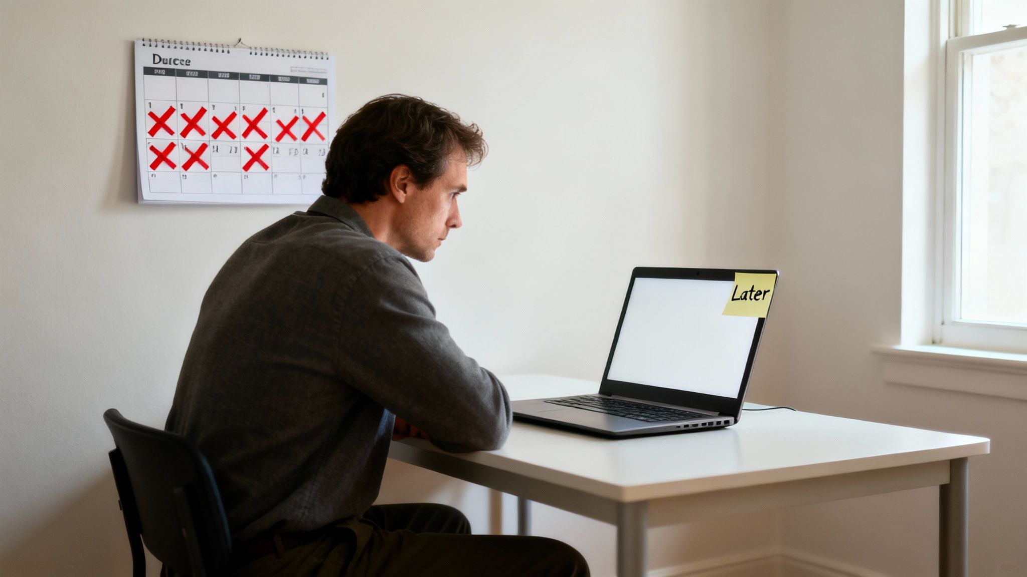 Man procrastinating at a desk, looking at a laptop with a 'Later' note, near a marked calendar.