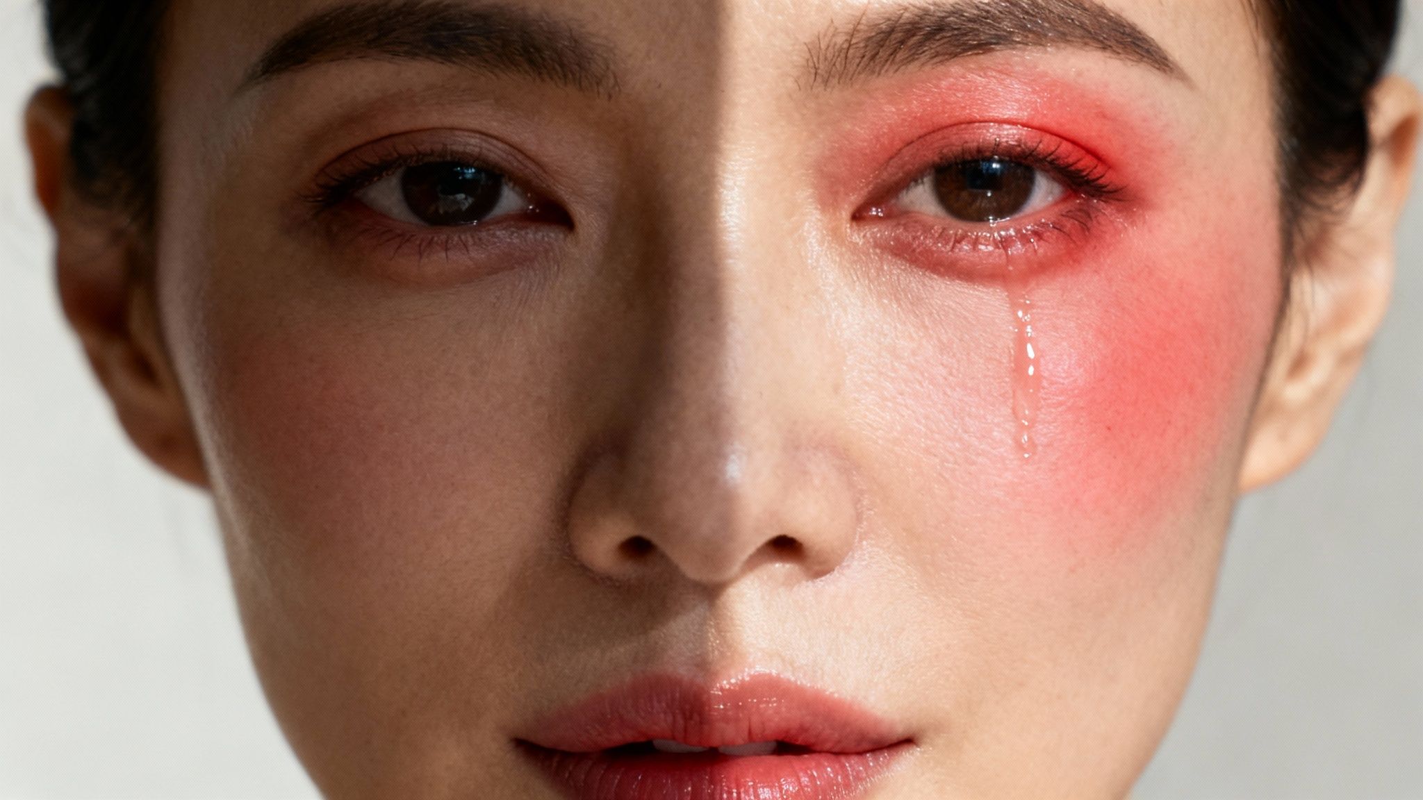 Emotional portrait of a woman with dramatic red eye makeup and a visible tear.