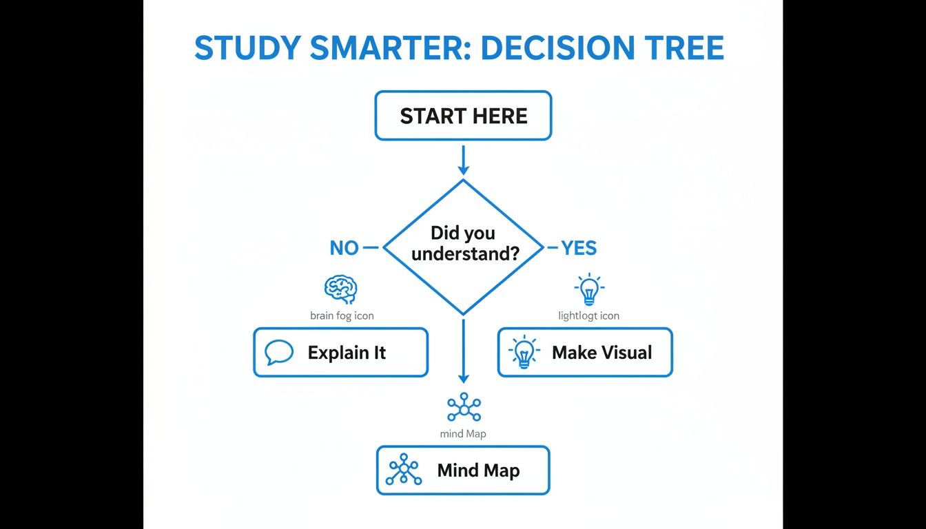 A study smarter decision tree flowchart about understanding concepts, explaining, visualizing, and creating mind maps.