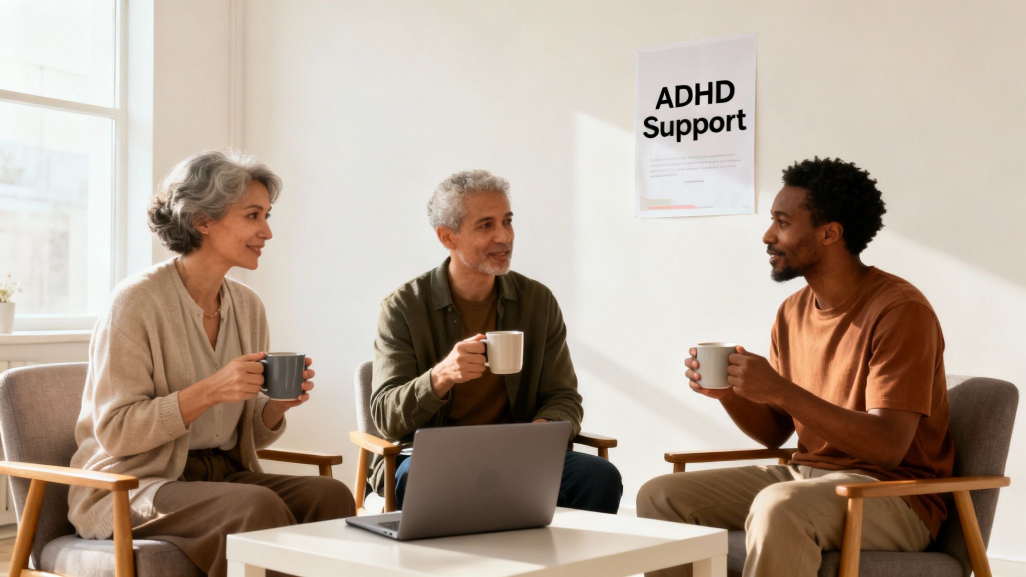 Three adults of diverse ages and races participate in an ADHD support group meeting, talking and holding mugs.