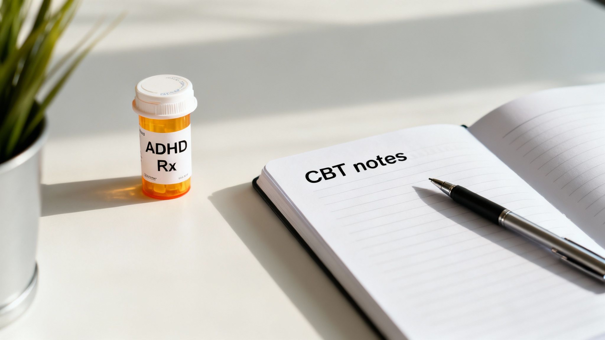 A pill bottle labeled 'ADHD Rx' next to a notebook titled 'CBT notes' and a pen on a desk.