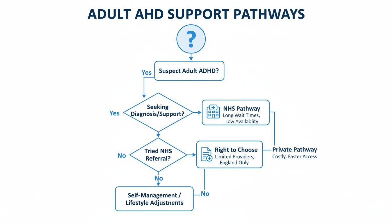 Flowchart detailing adult ADHD support pathways, outlining NHS, private, and self-management options.